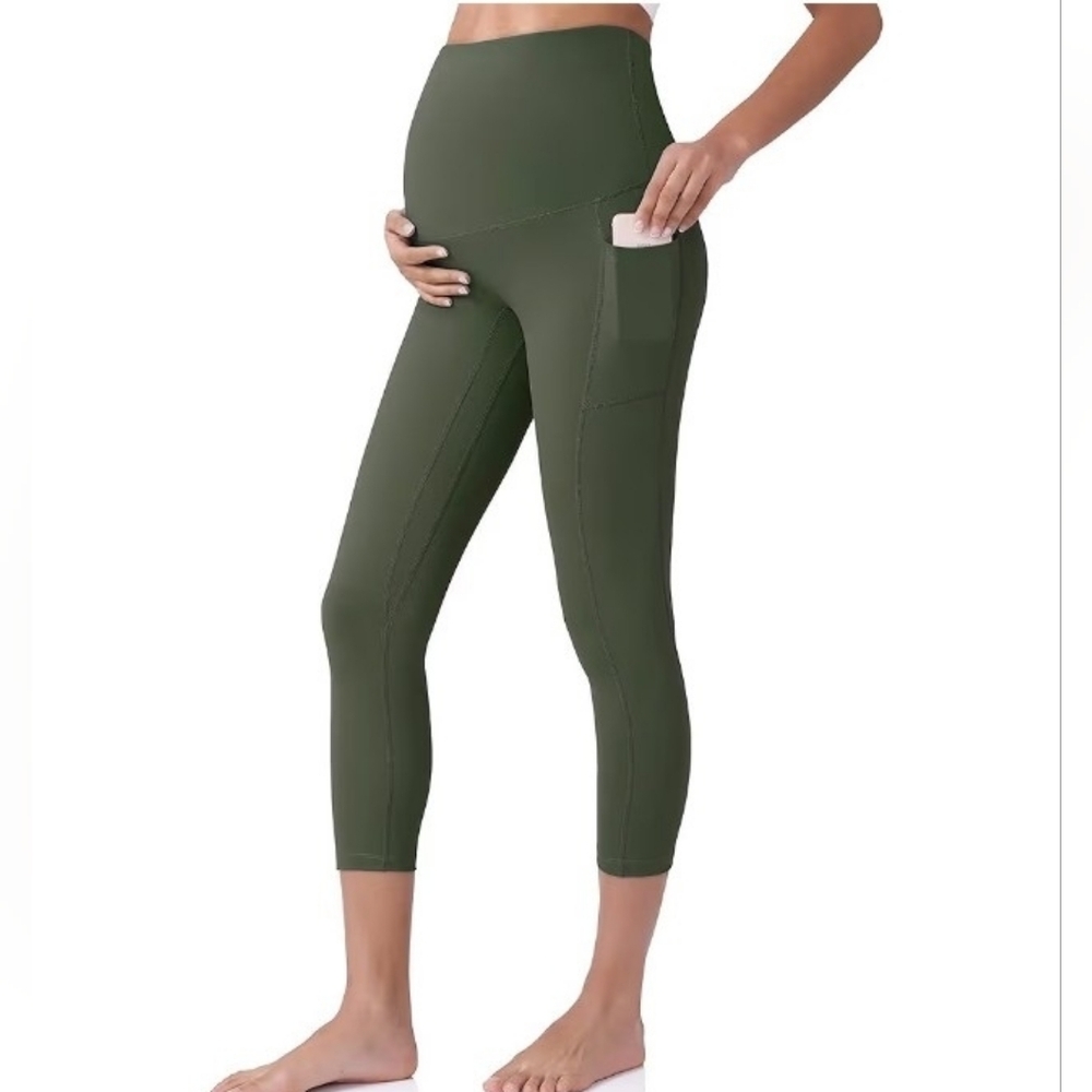 POSHDIVAH Over The Belly Maternity Capri Pocket Leggings in Army Green Size M